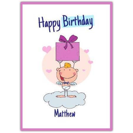 Personalised Happy Birthday Card with Cute Angel Holding Gift for Child or Baby