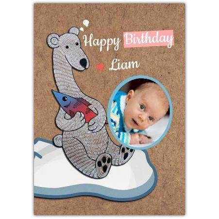 Personalised Happy Birthday Polar Bear Holding Fish Photo Upload Card for Boys