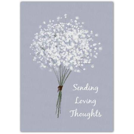 Sympathy Card Sending Loving Thoughts White Flower Bouquet on Grey Background