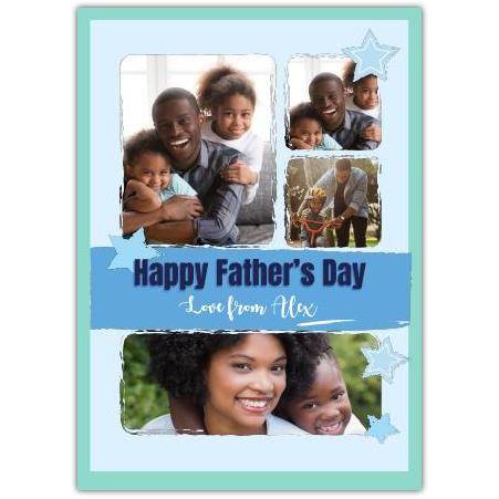 Personalised Happy Fathers Day Card Blue Stars Watercolour Photo Collage Design