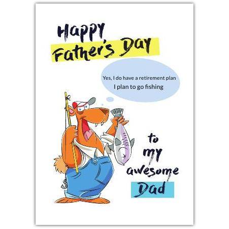 Funny Father's Day Card with Cartoon Bear Holding Fish and Fishing Rod for Dad
