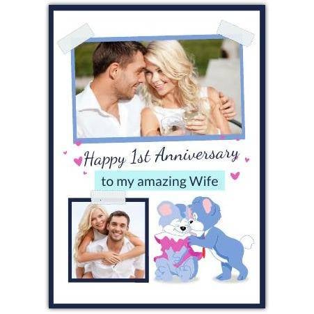 Personalised Happy 1st Anniversary Card for Wife with Couple Photo and Cute Cartoon Dogs