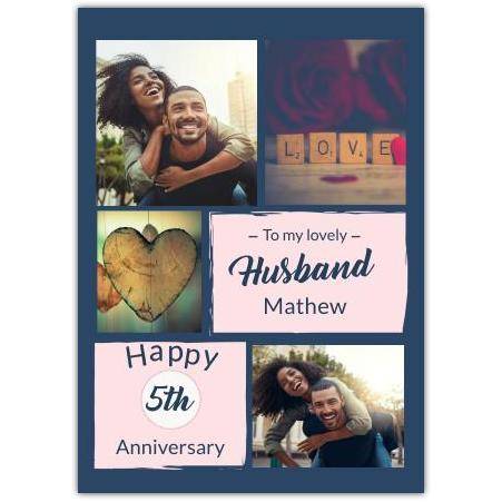 Personalised Happy 5th Anniversary Husband Photo Collage Card Dark Blue
