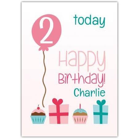 Personalised Age 2 Birthday Card with Cupcakes and Presents Design