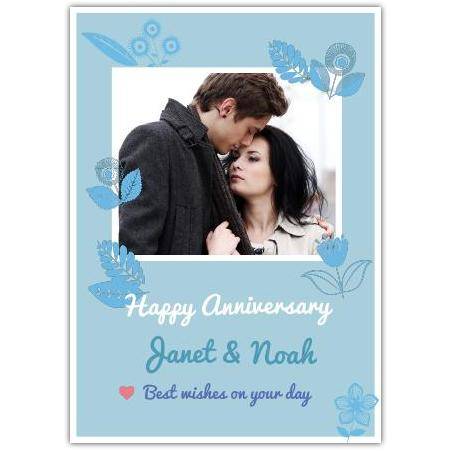 Personalised Happy Anniversary Card with Pastel Blue Flowers and Photo Upload