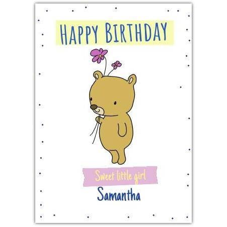 Personalised Happy Birthday Card for Girl with Teddy Bear Holding Flowers Design