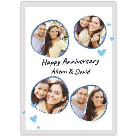Personalised Happy Anniversary Card with Blue Round Photo Frames and Hearts Design