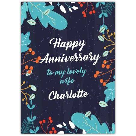 Personalised Happy Anniversary Card for Wife with Dark Blue Leaf Design