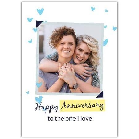 Personalised Blue Hearts Happy Anniversary Card for The One I Love with Photo Upload