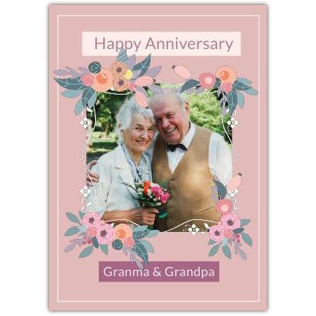 Happy Anniversary Personalised Photo Card for Grandma and Grandpa with Floral Pink Frame