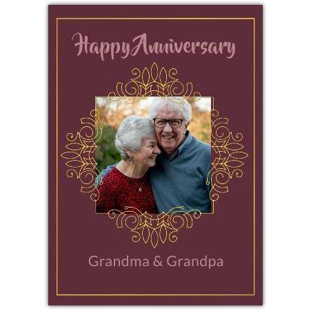 Happy Anniversary Card with Personalised Photo Golden Frame for Grandparents