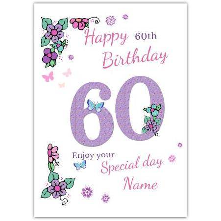60th Birthday Card with Purple Butterflies and Flowers Personalised Option