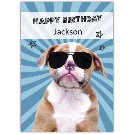 Personalised Happy Birthday Card with Cool Dog Wearing Sunglasses and Blue Starburst Background