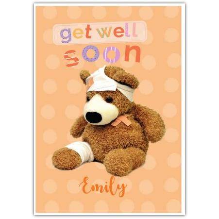 Personalised Get Well Soon Card with Cute Bandaged Teddy Bear on Orange Background
