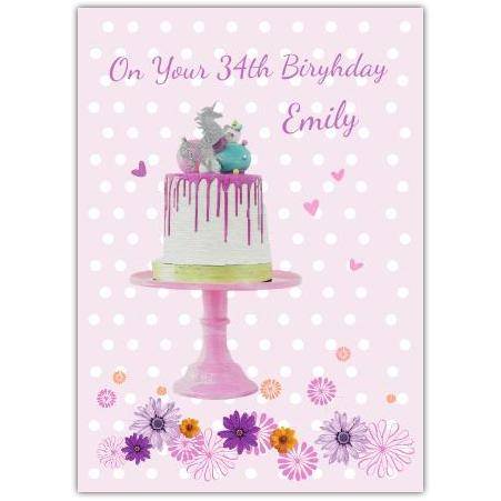Personalised Pink Unicorn Birthday Cake Card for Her with Flowers and Age Option