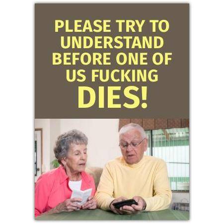 Funny Rude Elderly Birthday Card with Humorous Couple Photo and Bold Message
