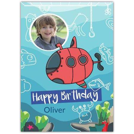 Personalised Boys Birthday Card with Red Submarine and Undersea Photo Upload