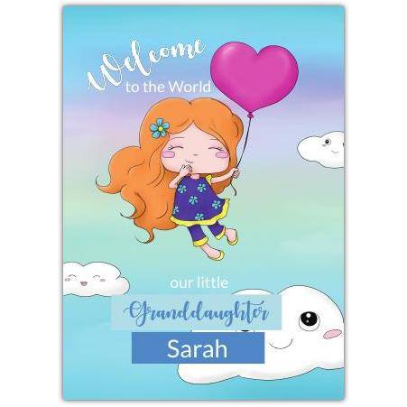 Personalised Baby Welcome Granddaughter Card with Pink Heart Balloon Design