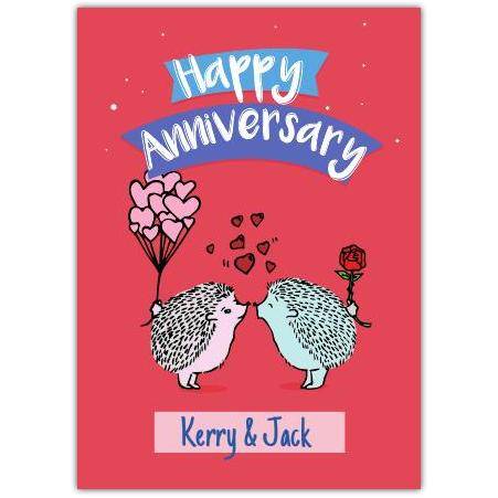 Personalised Happy Anniversary Hedgehogs Kiss Greeting Card with Hearts and Rose Design