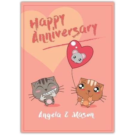 Personalised Happy Anniversary Card with Cute Cartoon Cats and Heart Balloon Design
