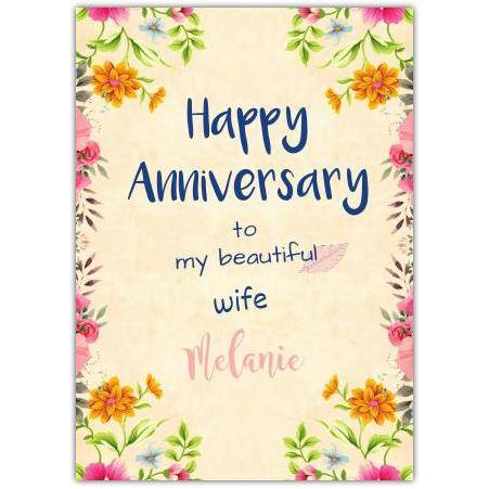 Personalised Floral Happy Anniversary Card for Wife with Name Option