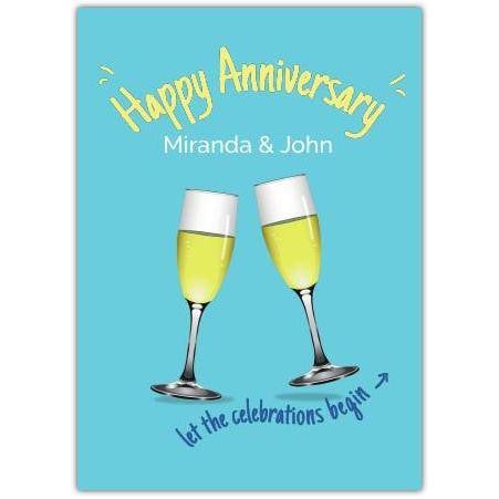 Happy Anniversary Personalised Champagne Glasses Celebration Card Turquoise