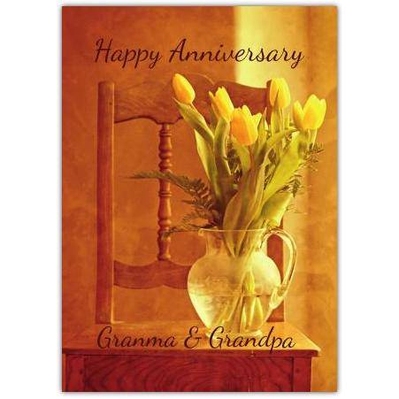 Happy Anniversary Card for Grandma and Grandpa Yellow Tulips in Vintage Chair Setting