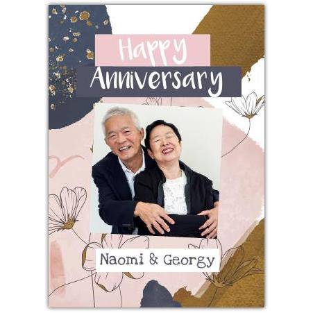 Personalised Pink Brown Floral Photo Upload Happy Anniversary Card