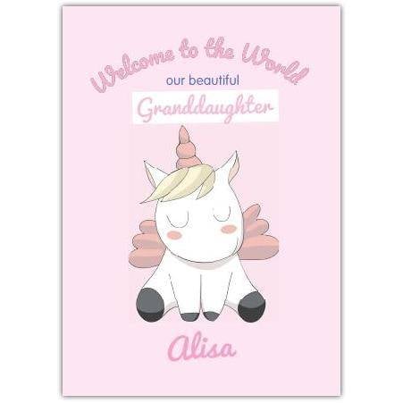 Personalised Baby Welcome Granddaughter Card Pink Unicorn Design