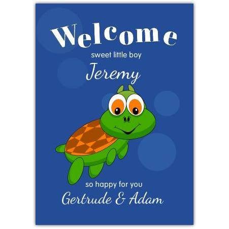 Personalised Blue Turtle New Baby Boy Welcome Card for Newborn Son or Grandson