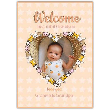 Welcome Grandson Photo Upload Baby Card with Cute Furry Friends Heart Frame