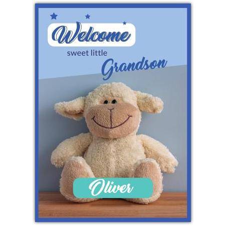 Welcome Little Grandson New Baby Blue Sheep Teddy Personalised Card