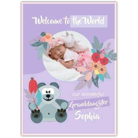 Personalised New Baby Granddaughter Photo Upload Purple Welcome to the World Card