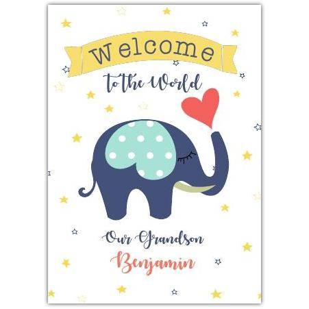 Personalised Welcome Baby Card Featuring Cute Blue Elephant and Stars for New Grandson