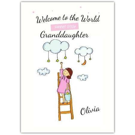 Welcome to the World Granddaughter Baby Card with Clouds Stars and Moon Design