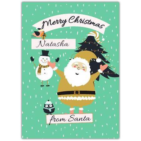 Personalised Merry Christmas Santa and Feathery Friends Greeting Card