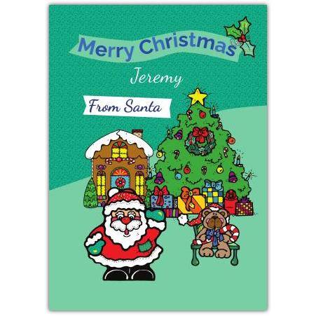 Personalised Merry Christmas Santa and Dog with Presents Greeting Card