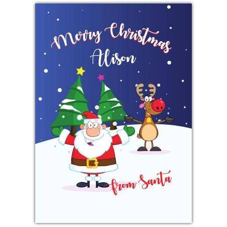 Personalised Merry Christmas Santa and Reindeer Greeting Card with Trees