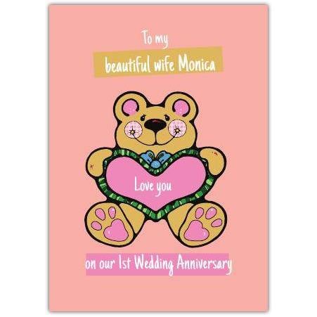 Personalised 1st Wedding Anniversary Card for Wife with Teddy Bear and Heart Design
