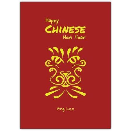 Chinese New Year Card with Yellow Dragon Design on Red Background