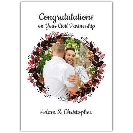 Personalised Civil Partnership Congratulations Card with Floral Frame and Photo Upload