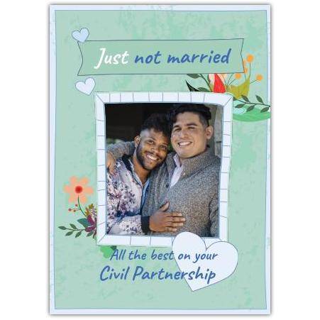 Civil Partnership Greeting Card with Photo Upload Floral Design Green Blue Heart