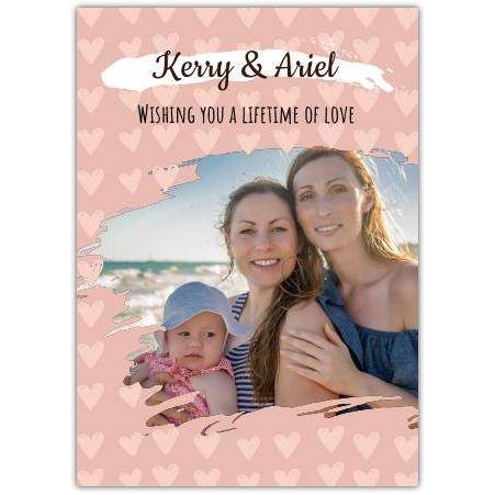 Personalised Pink Hearts Wedding Photo Upload Greeting Card with Brush Stroke Design