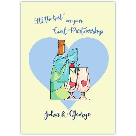 Civil Partnership Celebration Card with Champagne and Bow Design Personalised Option