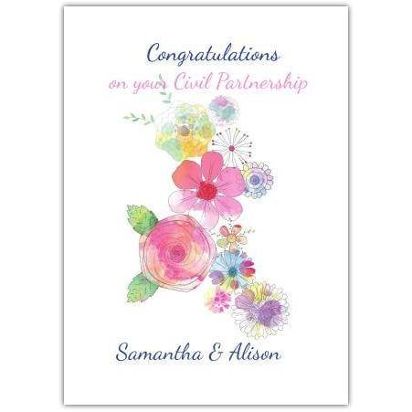 Personalised Congratulations Civil Partnership Card with Pastel Floral Design