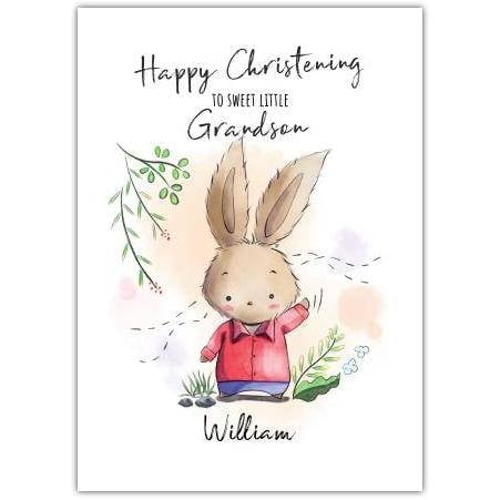 Personalised Christening Card for Grandson Cute Brown Bunny Design