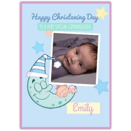 Personalised Christening Day Blue Moon Photo Upload Card for Goddaughter