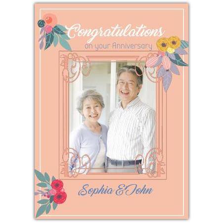 Personalised Orange Floral Photo Upload Anniversary Congratulations Card