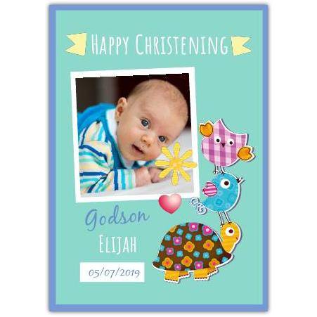 Personalised Christening Card with Baby Photo and Patchwork Turtle and Birds Design