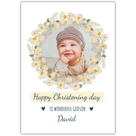 Personalised Christening Card with Yellow Flower Wreath and Photo Frame for Godson